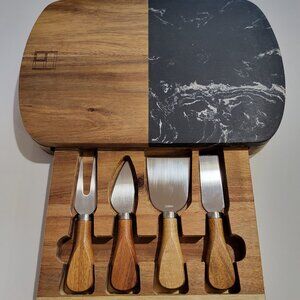 Charcuterie Cheese Board Set Marble and Wood with Wood Tray and Knife Set NEW